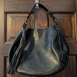 Jen & Co Eloise Black Braided-Handle Round Hobo Bag with Tassel